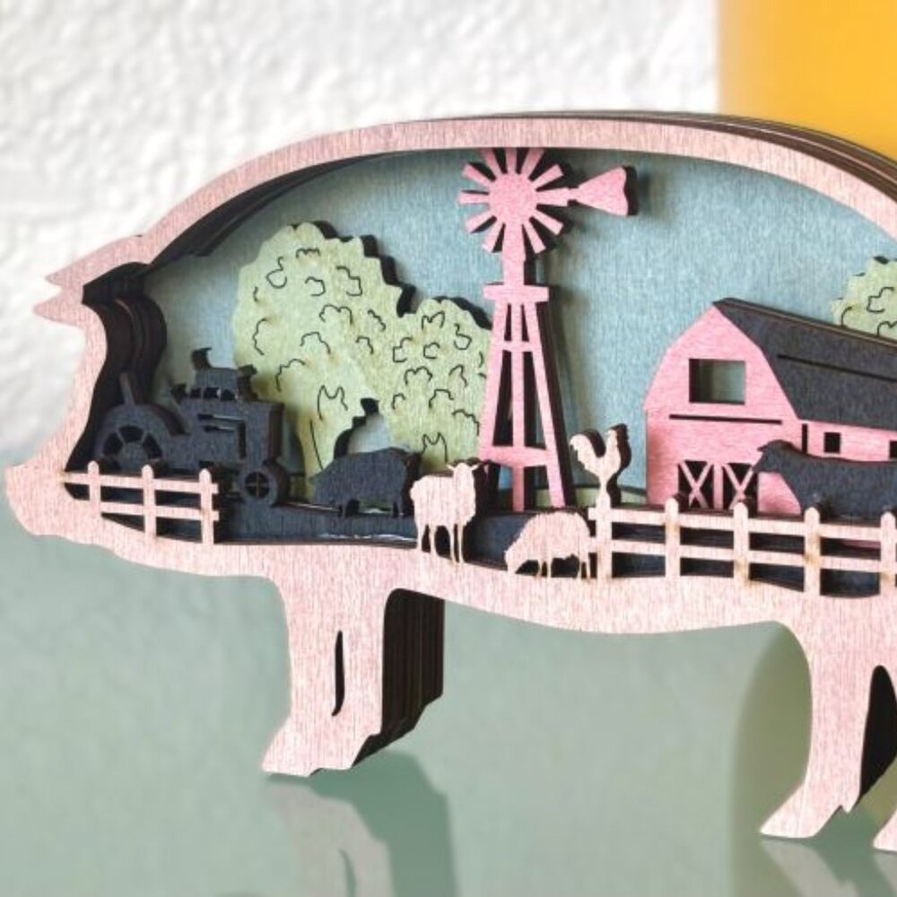 Country Farmhouse Pig Wood Wooden Multilayer 3D Diorama Sculpture Figure New